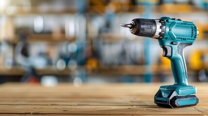 Modern cordless drill on a workbench in a workshop. Ideal for construction, woodworking, and DIY projects.