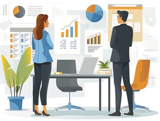 High-quality vector art depicting a business negotiation between two professionals. This business partnership illustration features charts, documents, and a modern office setting, ideal for conveying