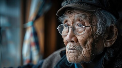 Elderly individual trying to recall memories, highlighting cognitive thinking and signs of deterioration