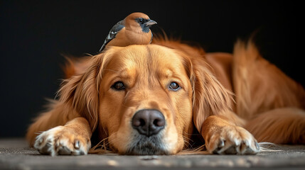 A telephoto angle photo of a retriever lying down with a bird perched on its head, both looking content, with copy space