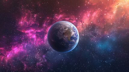 Wall Mural - earth from space with a stunning pink and blue nebula background