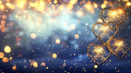 Poster - Sparkling Hearts Against a Blue Bokeh Background