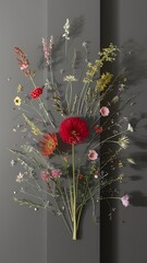 Wall Mural - Arrangement of wild flowers and plants on gray background