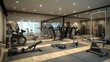 © Sana - A contemporary home gym with mirrored walls, a variety of fitness equipment, and a rubber floor, designed for intense workouts.