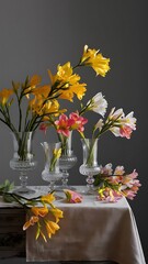 Wall Mural - Beautiful blooming freesias in glass vases on table against grey background