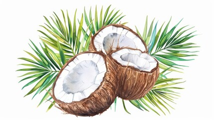 Wall Mural - A coconut tree depicted with watercolor coconuts and fronds isolate on white background