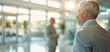 © KanitChurem - Senior businessman in modern office lobby, his back to the camera, with colleague out of focus in the background and bright sunlight streaming in.