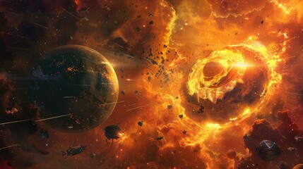 Wall Mural - a cosmic anomaly creating a rift in space, from which emerge hostile entities attacking a scientific