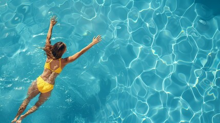 A woman in a yellow swimsuit swims in a crystal clear blue pool on a sunny day. Rays of sunlight create beautiful reflections on the water's surface.