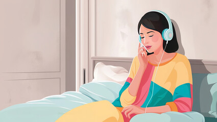 A unique digital illustration of a woman listen music