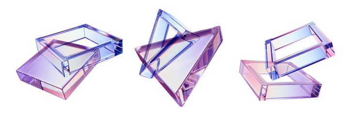 3D transparent triangle square composition, glasses geometric abstract pyramid crystal rectangle. Futuristic holographic plastic effect object, purple glossy different angle shape. Rainbow 3D square