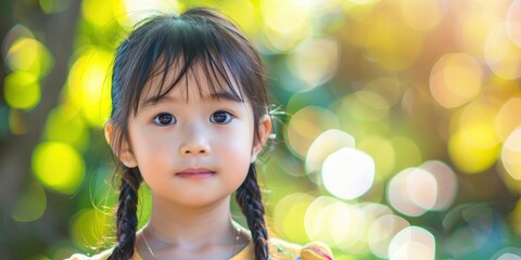 Portrait of a cute asian child, beautiful face with big eyes, light saturated blurred nature background