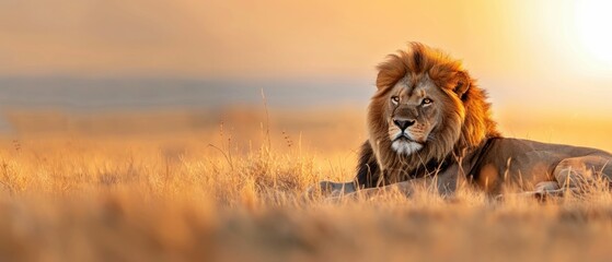 Wall Mural - Majestic Lion Resting in Grassland. Generative ai.