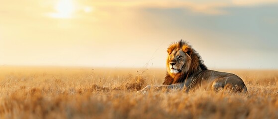 Wall Mural - Majestic Lion Resting in Grassland. Generative ai.