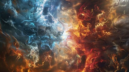 Wall Mural - a cosmic confrontation between celestial deities and infernal demons within a swirling cosmic storm 
