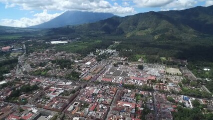 Poster - Antigua City in Guatemala. Beautiful Old Town and Downtown. Drone Point of View. Sightseeing