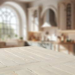 Sticker - Blurred kitchen background and empty wooden table with copy space for products amd montage objects display.