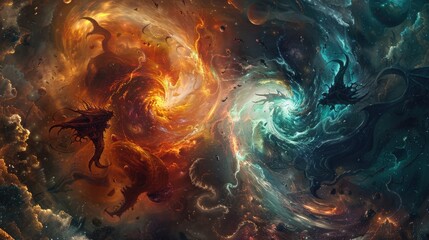 Wall Mural - a cosmic confrontation between celestial deities and infernal demons within a swirling cosmic storm 