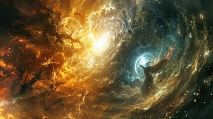 Wall Mural - a cosmic confrontation between celestial deities and infernal demons within a swirling cosmic storm 