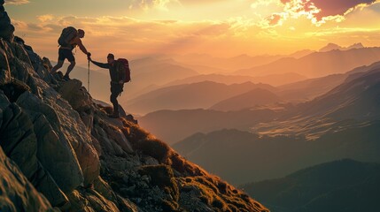 A breathtaking landscape showing two hikers assisting each other in climbing a rocky mountain as the sun sets, casting a golden glow over the majestic valley below.