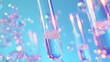 © World of AI - several levitating test tubes pattern with liquid on a neon blue background with glowing digital particles and big organic chemistry structures, modern science concept