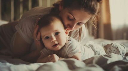 Wall Mural - A woman is holding a baby on her lap