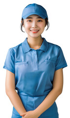 Wall Mural - Young Asian woman in her 20s, smiling and dressed in a blue polo shirt and cap, looking friendly and professional.