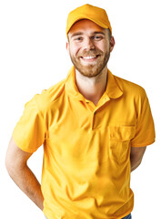 Wall Mural - Young Caucasian man in his 30s, wearing a yellow polo shirt and cap job uniform, smiling and looking cheerful.