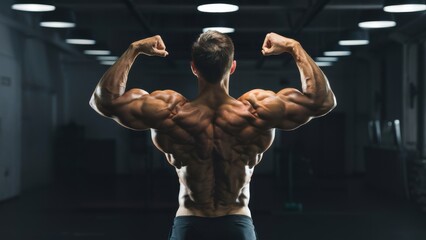 Poster - A man flexing his muscles in a gym, AI