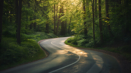 Wall Mural - A winding road in a forest with trees on both sides