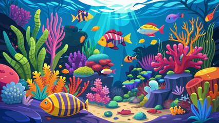 An underwater paradise with colorful coral reefs and vibrant tropical fish swimming gracefully.