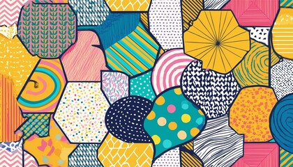 Wall Mural - Fun colorful seamless pattern collection. Creative 90s style geometric shape background for children or trendy design with abstract collage shapes. Simple and playful doodle wallpaper print set.