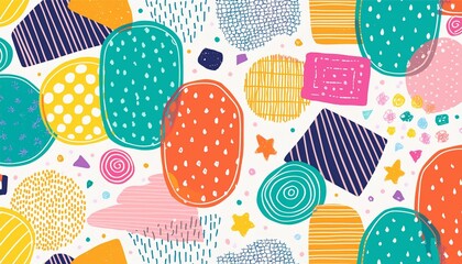 Wall Mural - Fun colorful seamless pattern collection. Creative 90s style geometric shape background for children or trendy design with abstract collage shapes. Simple and playful doodle wallpaper print set.