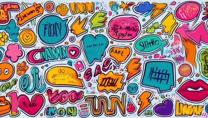 Wall Mural - Fun colorful sticker set. Retro 90s style hand drawn doodle quote label background illustration. Funny chat text icon wallpaper print with modern slang words. Surface texture design.