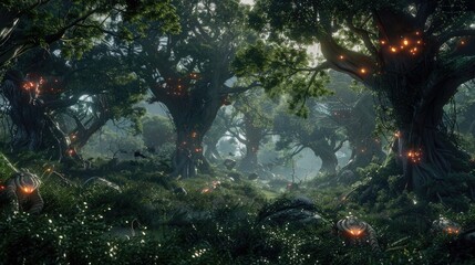 Wall Mural - A dense, otherworldly forest with enormous trees and glowing creatures moving through the underbrush.