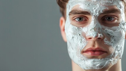 Wall Mural - A close-up of a man's face with a white face mask applied. His blue eyes gaze directly at the camera.