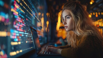 Portrait of Young Woman Working on Laptop Computer, Looking at Big Digital Screen Displaying Back-end Code Lines. Professional Programmer Developing a, Generative AI