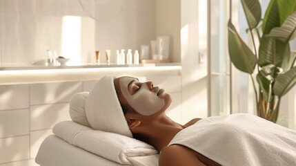 Wall Mural - A woman relaxes on a spa table, wearing a face mask, as part of a facial treatment.