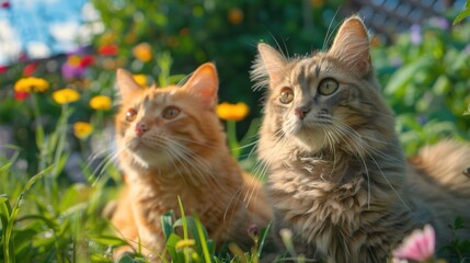 Celebrating cats with a fun care event, realistic, bright colors, photography, background of a sunny garden, joyful and engaging