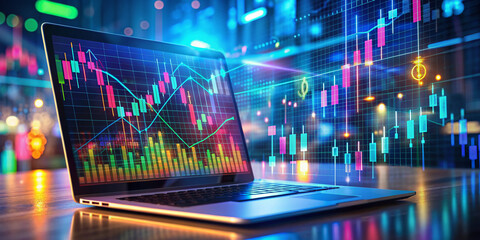Futuristic virtual interface displays colorful financial graphs and charts on a laptop screen, surrounded by coding scripts and digital data streams, in a trendy neon-lit atmosphere.