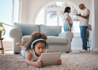 Wall Mural - Girl, headphones and tablet in home on floor for movie, music and online video streaming as therapy. Child, anxiety and tech in living room for parent fight, internet and website subscription or app