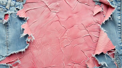 Poster - Destroyed denim frame on pink leather background copy space