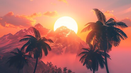 Wall Mural - Sunset over Palm Trees and Mountains