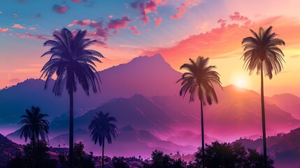 Poster - Sunset over Palm Trees and Mountains