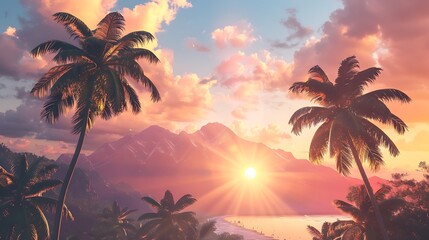 Wall Mural - Sunset over Palm Trees and Mountains