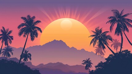 Poster - Sunset over Palm Trees and Mountains