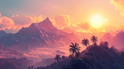 Wall Mural - Sunset over Palm Trees and Mountains