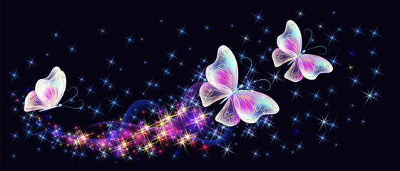 Wall Mural - Flying delightful butterflies with sparkle and blazing trail flying in night sky among shiny glowing stars in cosmic space. Love and romance concept.