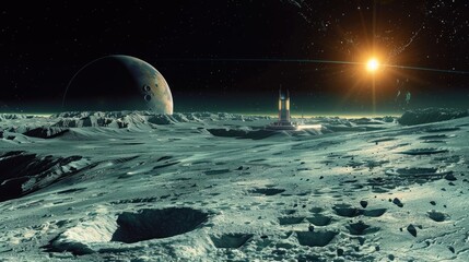 Wall Mural - A distant moon with a futuristic base and a breathtaking view of its parent planet.