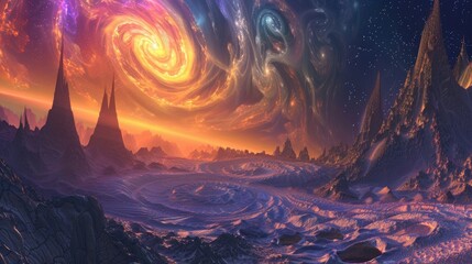 Wall Mural - A distant planet with swirling, colorful skies and unusual geological formations.